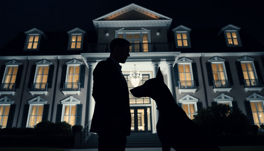 A dark night shot of a luxurious building with a elegant male silhouette infront on the house holding and all black Doberman dog