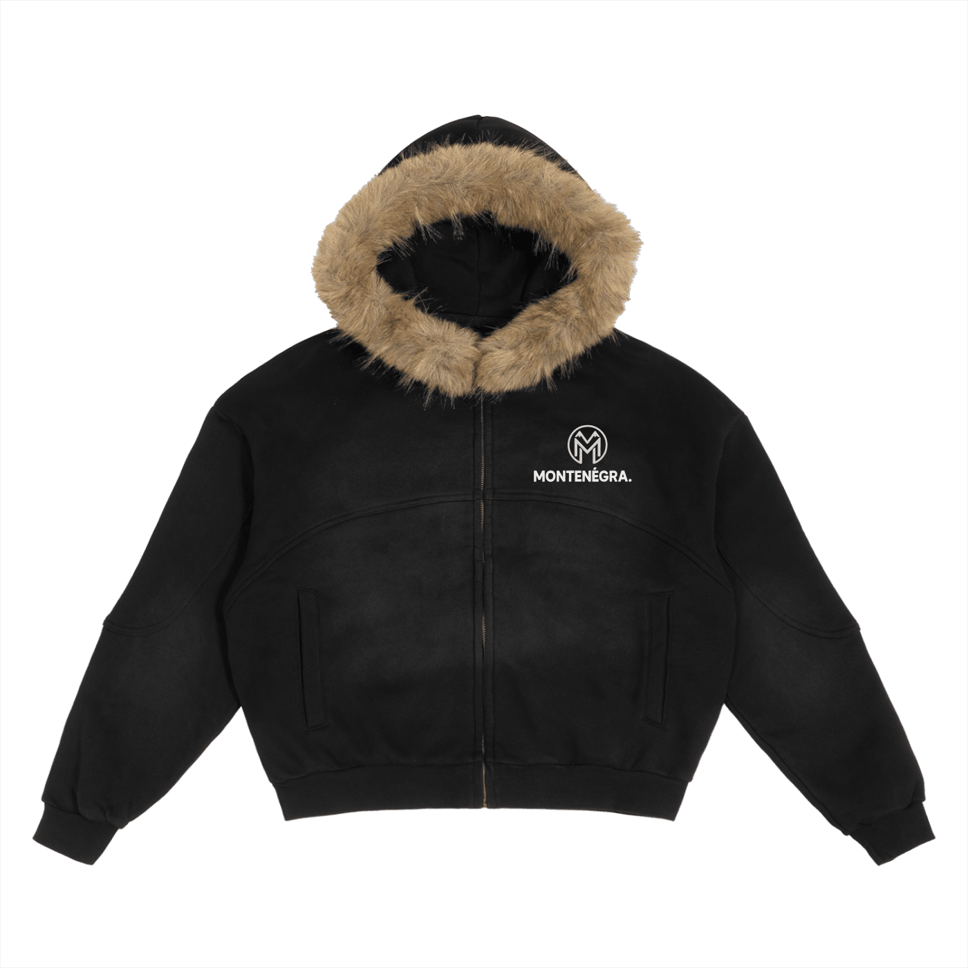 Montenégra Sun Fade Boxy Detachable Fur Hoodie - Premium Black. - Montenégra